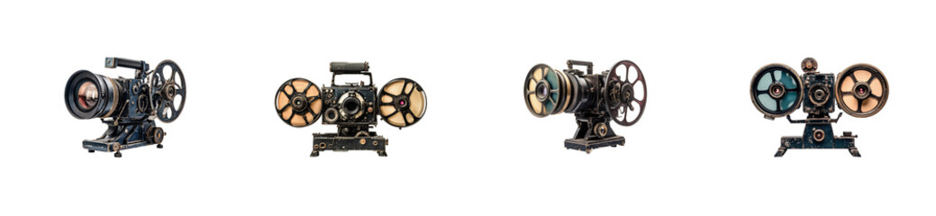 Obraz premium Vintage film projectors collection displaying classic cinematic equipment. Set png cut out