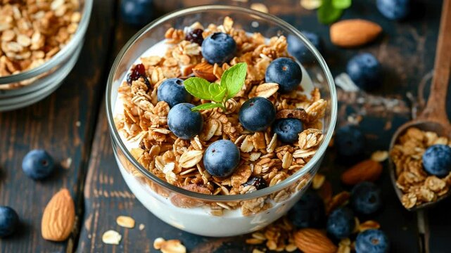 Fresh and tasty yogurt parfait with granola, blueberries and almonds, perfect for a nutritious start to the day.