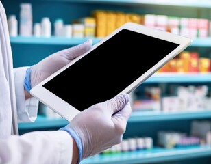 Pharmacist using digital tablet in pharmacy for efficient medication management