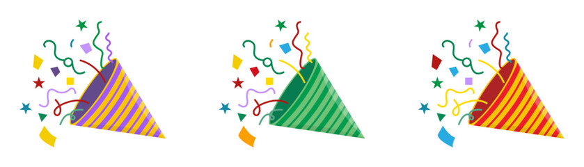 Party popper cone icons set. Confetti birthday explosion congratulate and celebrate elements. Party popper cone icons set in different colors. Confetti for parties and holidays. Vector illustration.