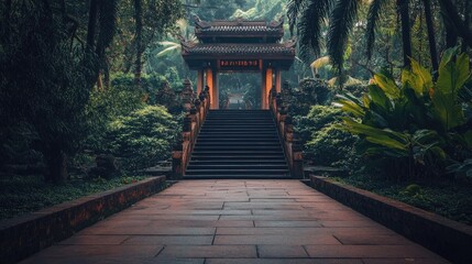 Obraz premium A serene pathway leading up to the temple entrance