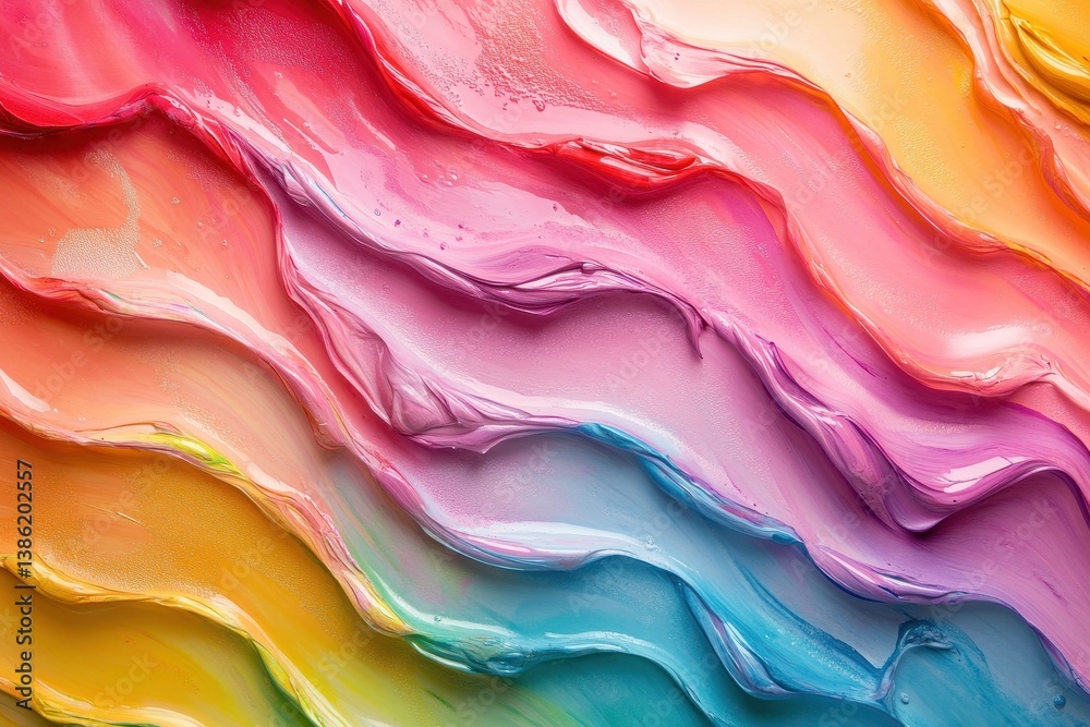 Poster Vibrant waves of color blend together creating a mesmerizing abstract background filled with shimmering particles