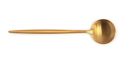 Close up metallic Gold bronze spoon with light shadow on white. Top view