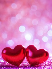 Fototapeta premium Two Glossy Red Hearts on Pink Glitter - Close-up of two shiny red hearts resting on pink glitter. Symbolizing love, romance, Valentine's Day, affection, and togetherness
