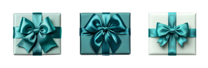 Three Present Boxes With Teal Ribbons For Birthday Celebration Holiday Christmas Or Any Special Occasion On Transparent Background
