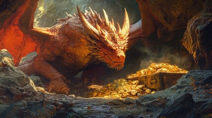 A powerful dragon guarding a treasure hoard in a cave