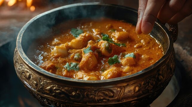 A potol curry being served in an ornate bowl