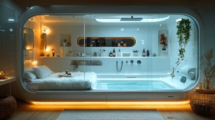 Obraz premium Futuristic bathroom suite with integrated bed and soaking tub.