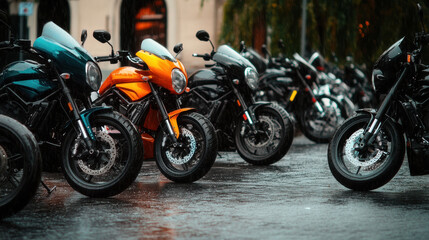Colorful motorcycles parked on wet asphalt during a rally