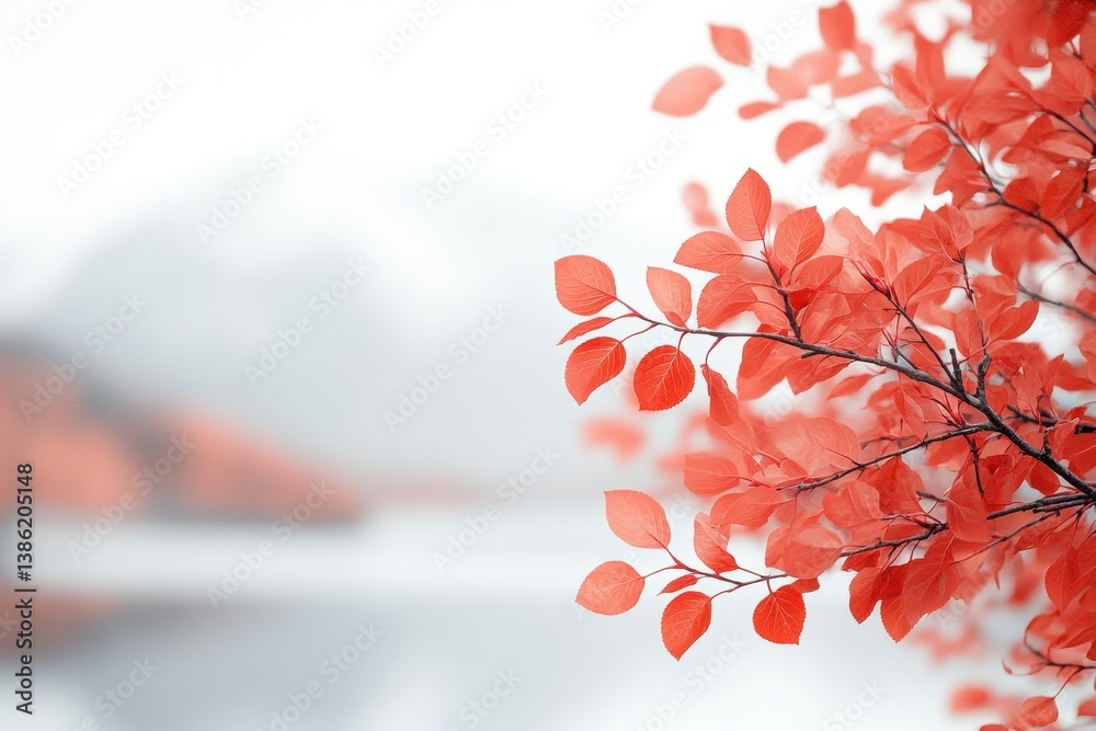 Poster vibrant red leaves captured near a tranquil lake surrounded by mountains during the autumn season wi