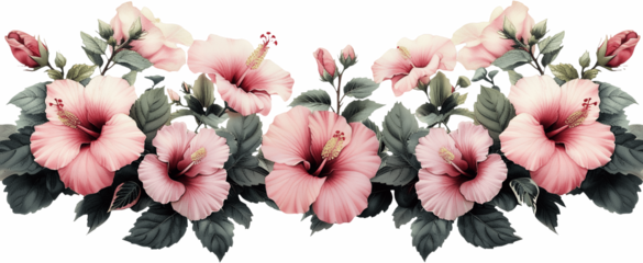 Pink hibiscus flowers seamless border pattern with dark leaves watercolor illustration for tropical wedding invitations and summer textile design