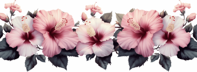 Large pink hibiscus flowers watercolor border with grey-green leaves seamless pattern for luxury tropical wedding stationery and resort branding