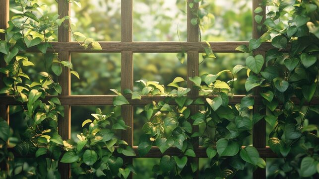 A lush garden scene with potol plants climbing on a trellis