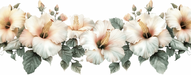 Cream white hibiscus watercolor border with warm peachy centers and eucalyptus leaves for elegant wedding and event stationery