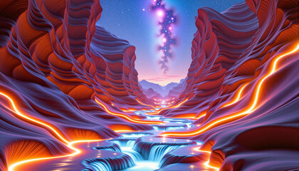 Obraz premium Galactic river flows through vibrant canyon, cosmic wonder