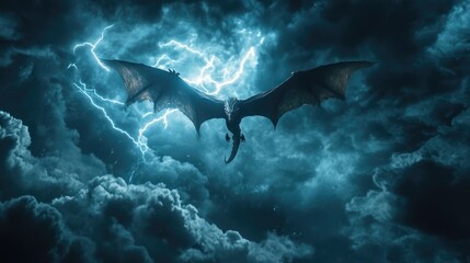 A dragon flying through a stormy sky with lightning