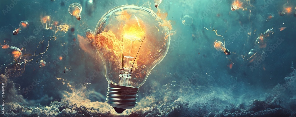 Aufkleber burning lightbulb exploding with creative energy and ideas