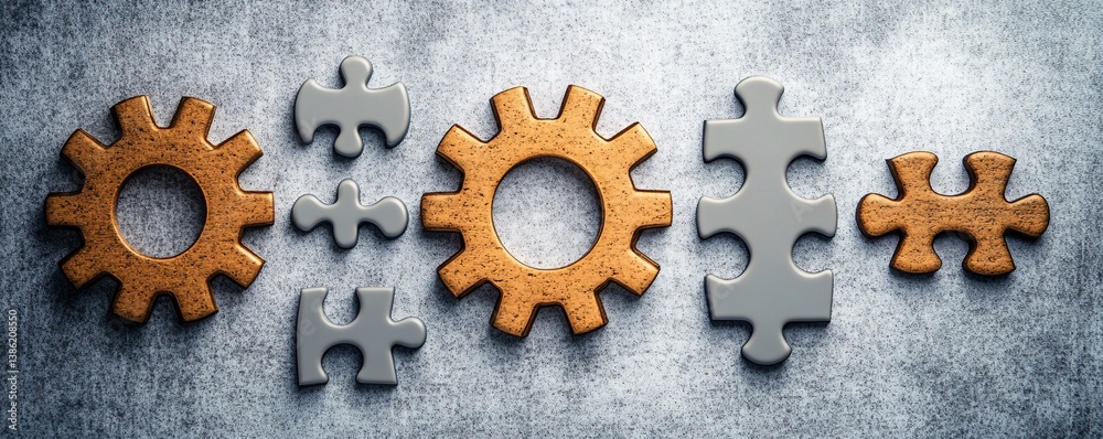 Aufkleber puzzle pieces and gears combining to form a system on concrete