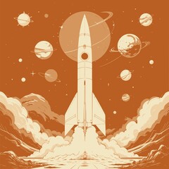 Obraz premium Space rocket launch from alien spaceport, science fiction poster. Vector drawing stylized as an old book or magazine illustration. JPEG version.