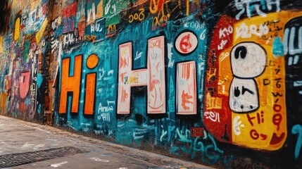 A colorful street art display showcasing "Hi" in diverse languages
