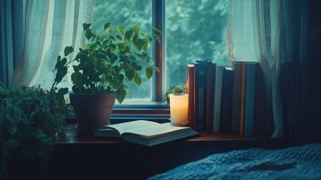 A cozy corner featuring a sachel among books and plants