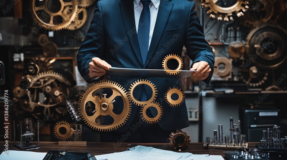 Poster businessman holding document with gears mechanism in workshop