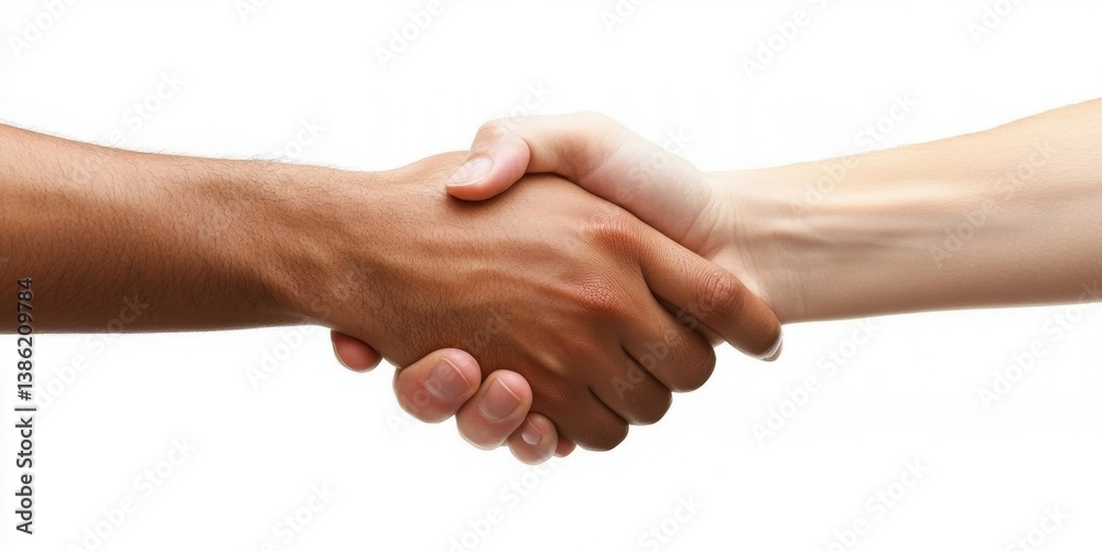 Fototapete Two diverse hands engage in a firm handshake, symbolizing unity and collaboration in a modern setting against a plain background