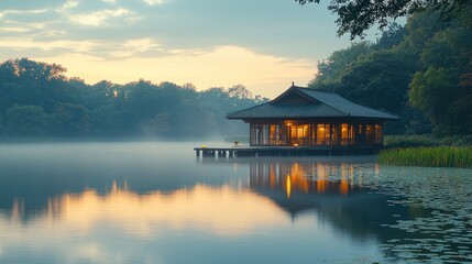 Fototapeta premium Serene lakeside pavilion at sunrise, misty water reflecting warm lights.