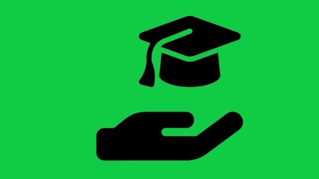 Hand Holding Graduation Cap Icon Animation, 4K Education Success Symbol Motion Graphic on Green Screen