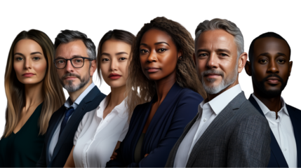 A business organization of different types of people, a business team, a diverse professional group, a business team of different nationalities and cultures, on a transparent backgrounds