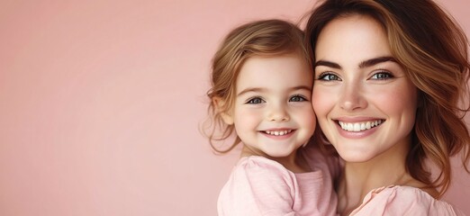 A heartwarming portrait of a joyful mother and child, perfect for family-oriented promotions, Mother’s Day, and parenting events, featuring soft pink tones.