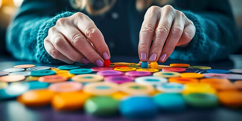 Fototapeta premium Mindful Aging and Social Connectivity Vibrant Board Game Interaction Showcasing Active Senior Wellness, Cognitive Engagement, and Intergenerational Community Resilience