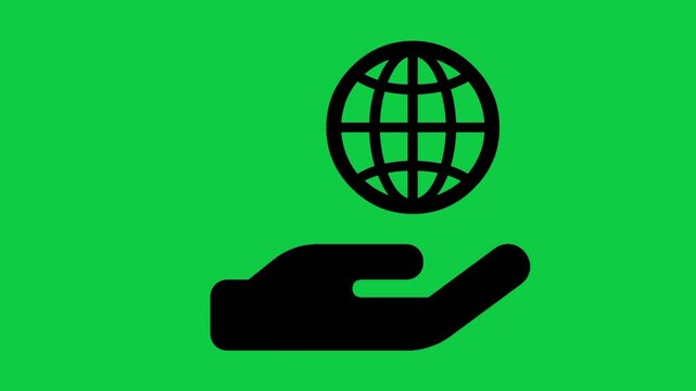 Hand Holding Global Icon Animation, 4K Earth and World Symbol Motion Graphic on Green Screen