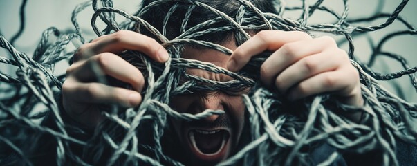 Stressed man screaming tangled in string covering face