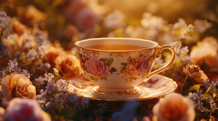 Fototapeta premium A beautifully illustrated tea cup surrounded by delicate flowers