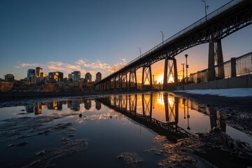 Fototapeta premium Urban bridge at sunset, reflective and serene