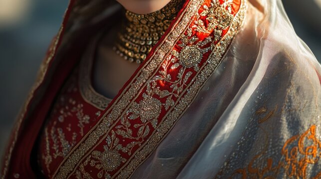 A beautifully detailed close-up of traditional attire worn by Mumtaz Begum