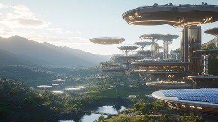 Futuristic Eco City Aerial View Sustainable Architecture Modern Design Elevated Buildings Green Technology Solar Panels Cityscape Drone Shot Panoramic