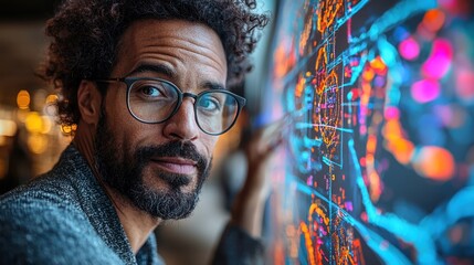 Man with glasses analyzing data on a large screen.