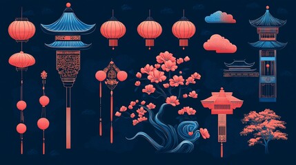 Elegant chinese decorations and lanterns, showcasing a beautiful chinese design