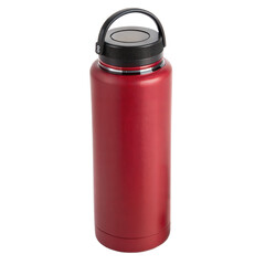 red plastic bottle isolated on white background. A vibrant red, insulated stainless steel water bottle with a black lid and handle, isolated on a white background.
