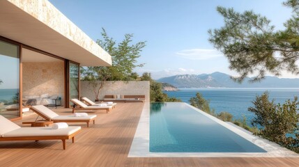 Fototapeta premium Modern luxury villa with infinity pool overlooking scenic coastline