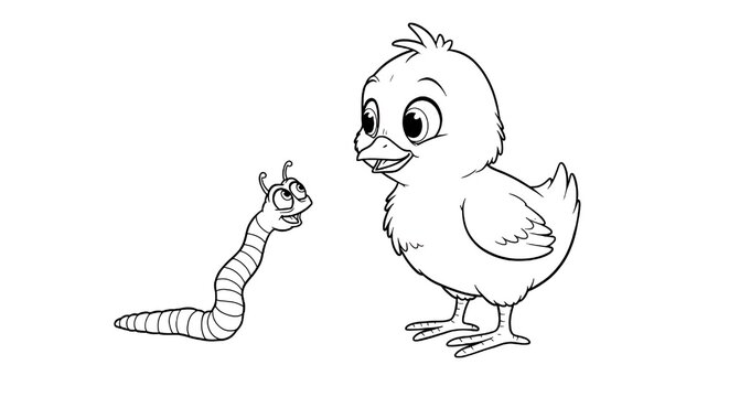 Easy coloring pages for kids, vector, cute chick talking to worm