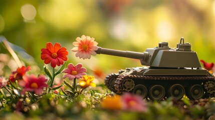 Toy tank accepting flower offering for peace