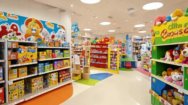Bright and colorful toy store interior filled with plush animals and educational games. concept of childhood fun, imagination, shopping excitement