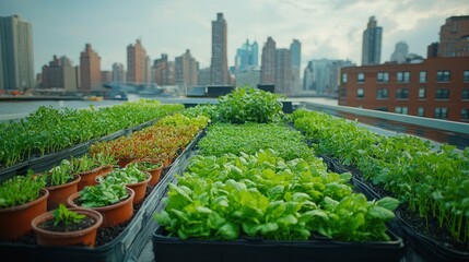 Fototapeta premium Urban rooftop garden with city skyline backdrop.