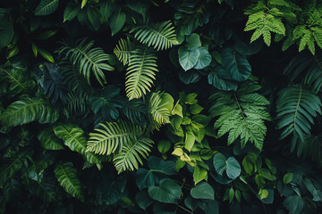 Lush Green Plant Foliage Background with Variety of Leaves Textures
