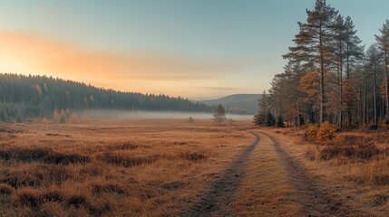 Beautiful landscape photography of a misty morning in the forest with a dirt road and golden light
