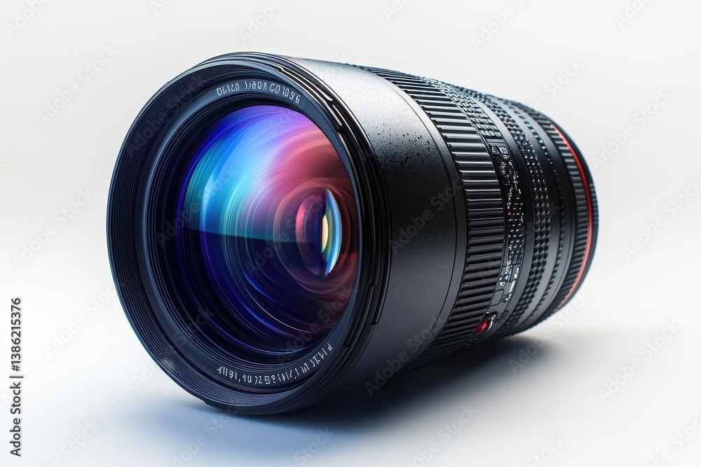 Poster High-tech camera lens with intricate design showcasing orange accents and clear components in detail with light reflection captured vividly