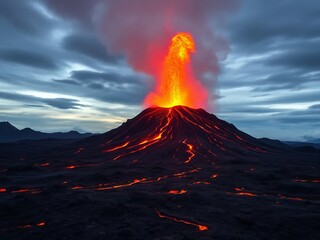 Dramatic Volcanic Eruption with Bright Red Lava Flowing Down the Mountain, Illuminating the Night Sky with Fiery Glow and Smoky Clouds, Ideal for Nature, Power, and Geology Themes